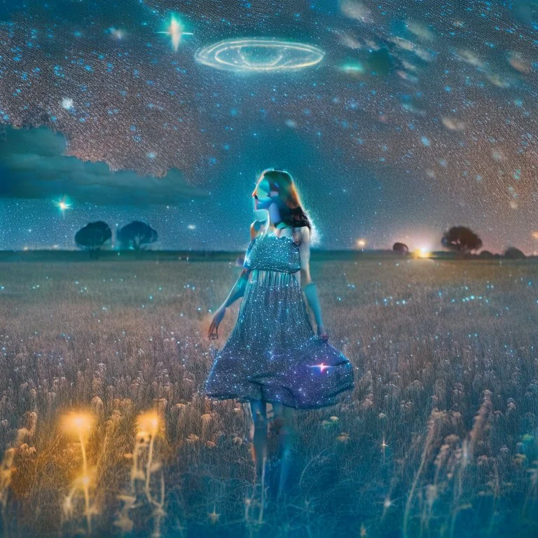 a young woman in a sleeveless dress in a field at night with lots of stars, looking at a UFO