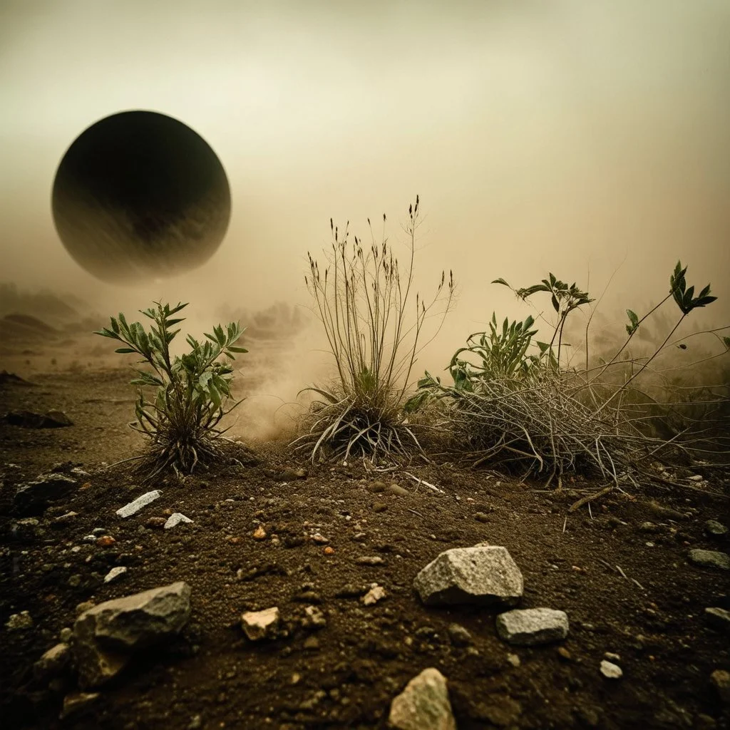 A striking quality Kodak photograph captures a wasteland with a group of plants, creepy, details of the dust very accentuated, glossy organic mass, adorned with minerals and rocks. Bathed in intense light, eerie, Max Ernst style, black sun, fog