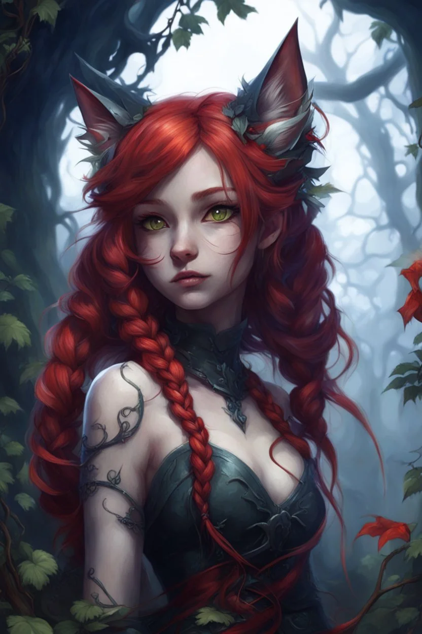 CAT GIRL, FANTASY, FORESTY, VINES, SOULLESS, FLUFFY TAIL, RED HAIR, BRAIDS, METAL, DRAGON PET