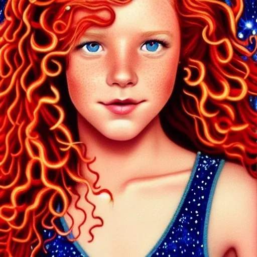 young adult Robyn Lively, her striking perfectly detailed clear eyes, her perfect, precisely detailed lightly freckled face, meticulously detailed long curly multi-hued ginger carrot cherry fire red hair, luminous colorful sparkles; by james r. eads, gawki, rajewel, tania rivilis, dan mumford, lisa frank, artgerm, greg rutkowski, alphonse mucha and william-adolphe bouguereau; glitter, airbrush, octane render, volumetric lighting, 16k, photorealistic digital painting