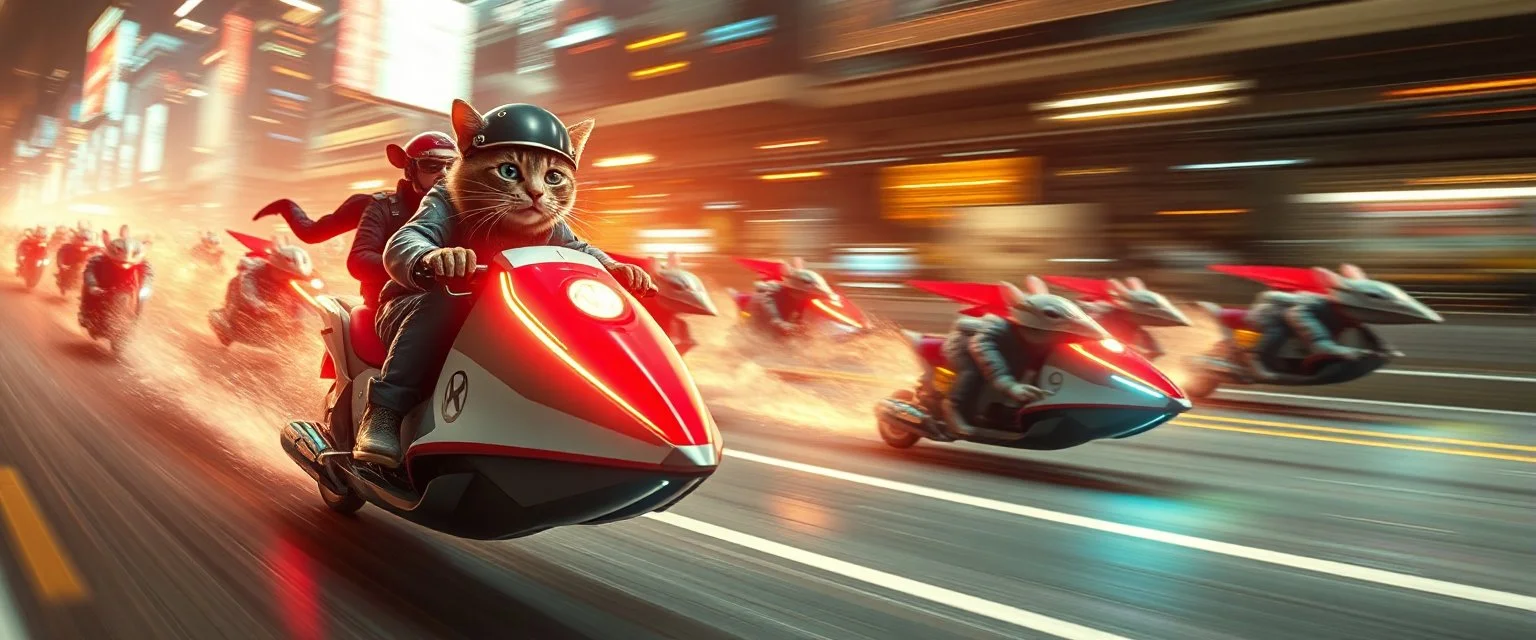 rocket ship scooter cat captain in high speed pursuit among neon rat cyber soldiers, with background motion blur