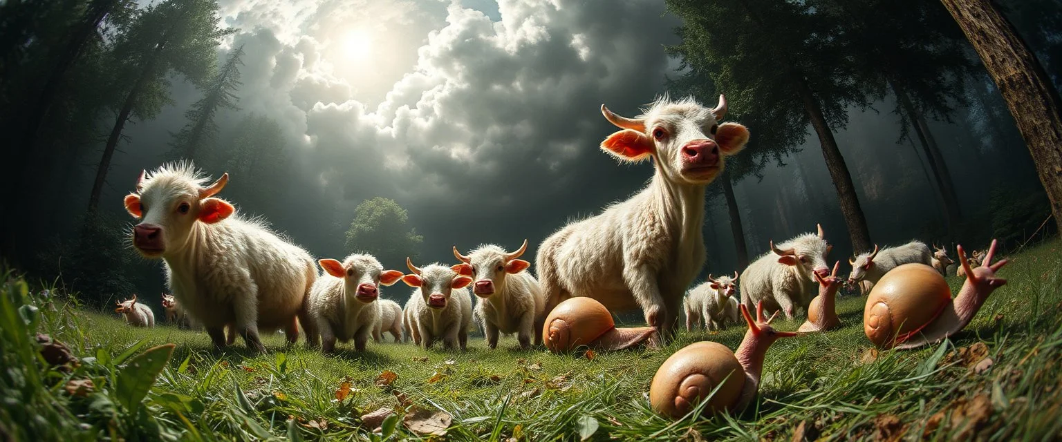 a pinhole cam picture of heavenly fluffy elevated messed up woodland elongated slimy cow snail and ad & d monster creatures flock painted by Nerdrum and Rembrandt