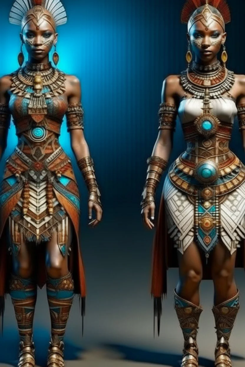 full body. cute. Fashion concept. Clothing style variations: think of a Unique and complicated tribal with jewels. 2 models, front and back. Hyper-detail. 8k quality.