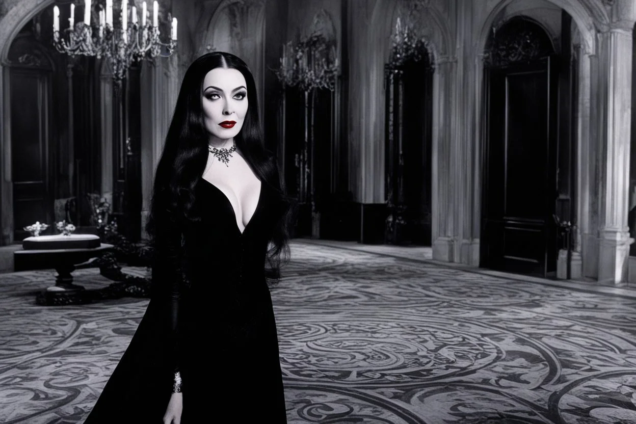 the seducing Morticia Addams in her manor