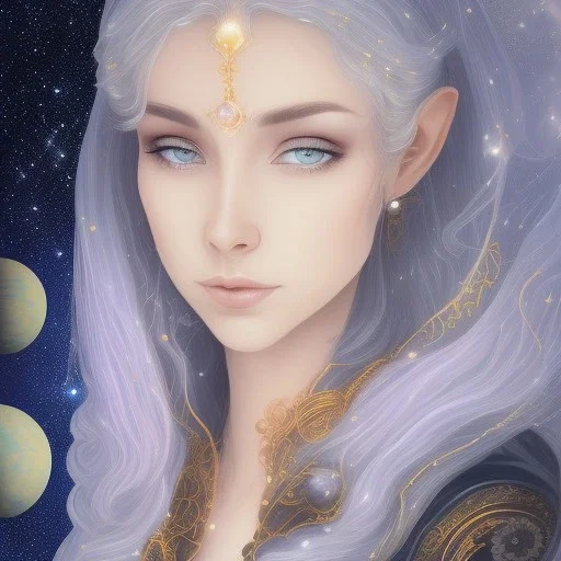 cosmic mage, elf, female, cosmic magic, long ears, white hair, face details, pale skin, jewellery, broad shoulders, sharp ears, cosmic clothes, cosmic eyes, ears shown, the cosmos in eyes, shining eyes, thin face, detailed ears, magical eyes, closed mouth, make up, smiling face, happy face, pointy ears