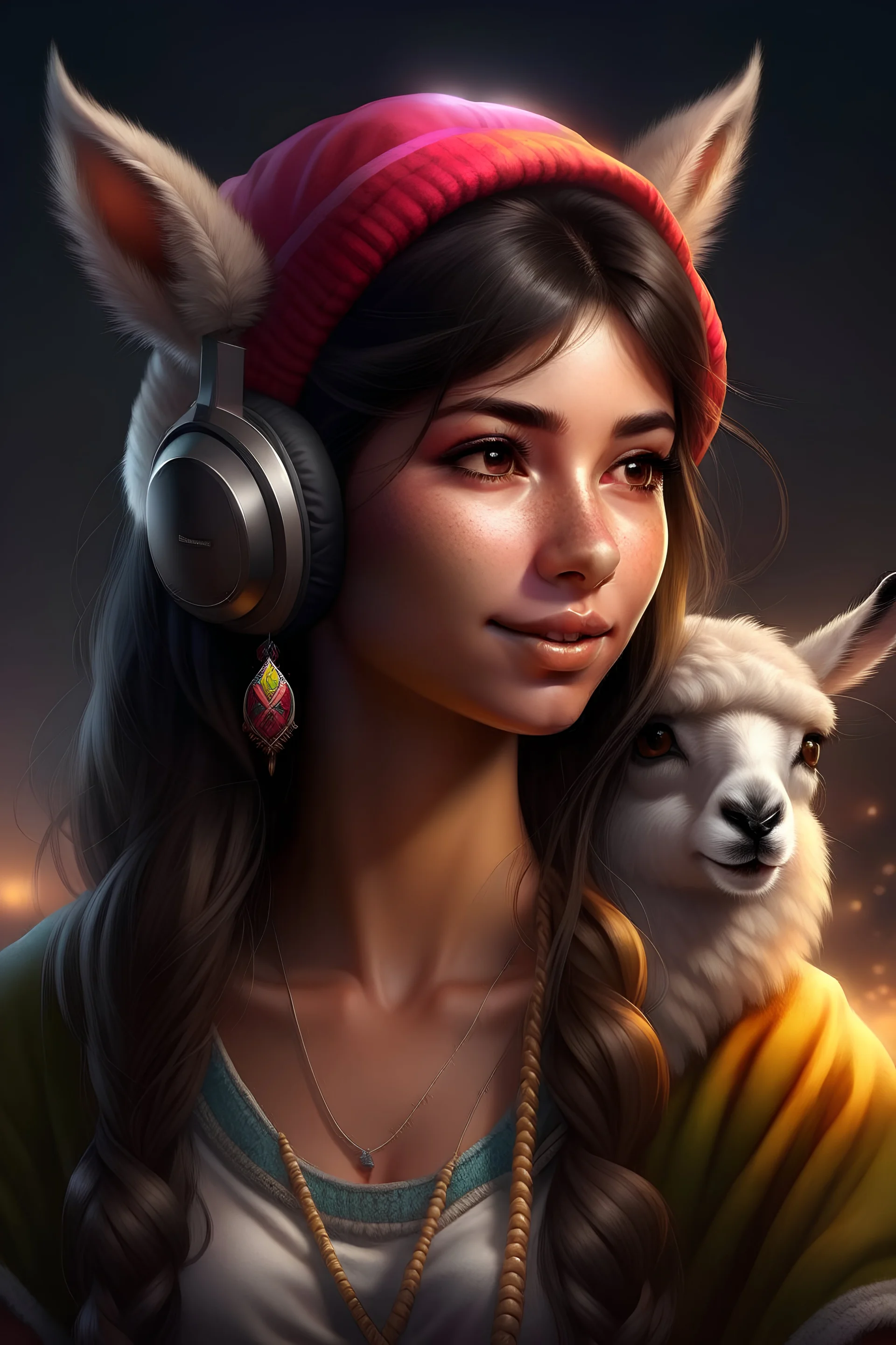 Digital art, high quality, digital masterpiece, natural illumination, realistic, action film style, (full body:2.5), (1 young peruvian girl:3), (dark brown hair:1.8), (sexy green eyes:1.8), (llama ears on head:2.3), (fluffy llama ears:1.8), (llama ears headband:1.8), (tall:1.8), (White peruvian swimsuit:1.8), Peruvian patterns, (Peruvian town at background:1.8), Peruvian town, Divine shine, sunny day, (Sun in the sky:2)