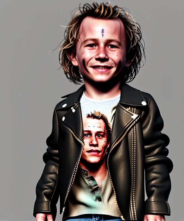 Heath ledger toddler, full body, sneaker, leather jacket, floral shirt, soft skin, dramatic lighting, hyper realistic