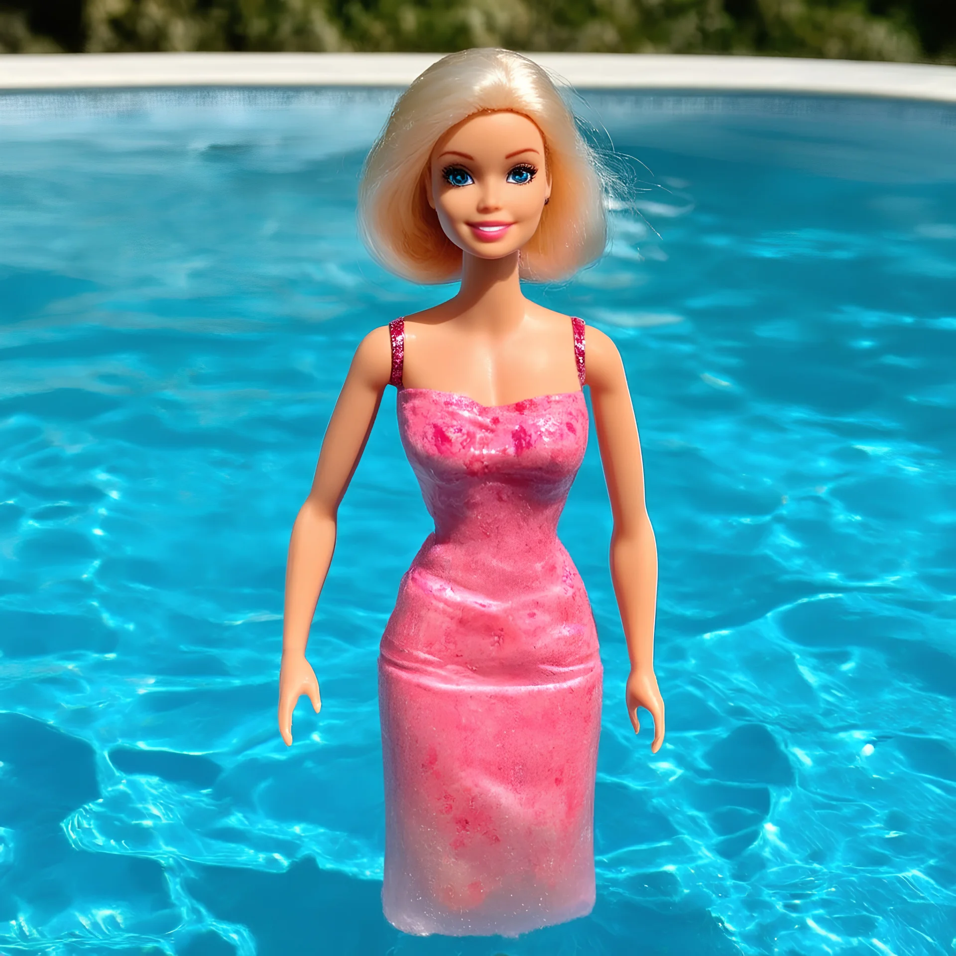 old barbie doll in a swimming pool