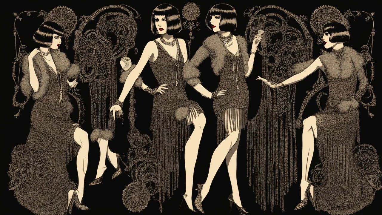 Full Body, burlesque Woman With A Bob With A Fringe Hairstyle, 1920s flapper style Clothing, Morticia, Steampunk, Black Background