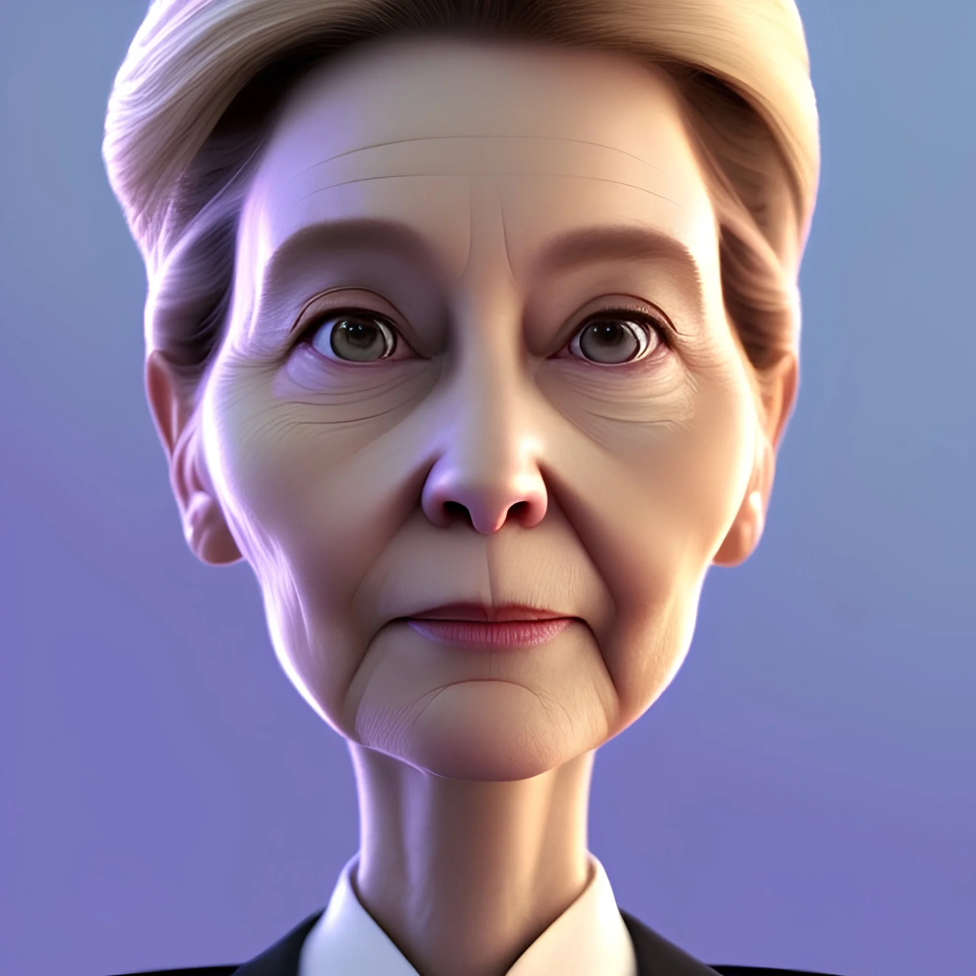 Ursula von der Leyen, Pixar Studio movie style, pixar's UP style, rounded face, wrinkles, circular reflective eyes, large cheekbones, huge forehead, huge haircut, smooth lighting, cartoonish, portrait of a politician,