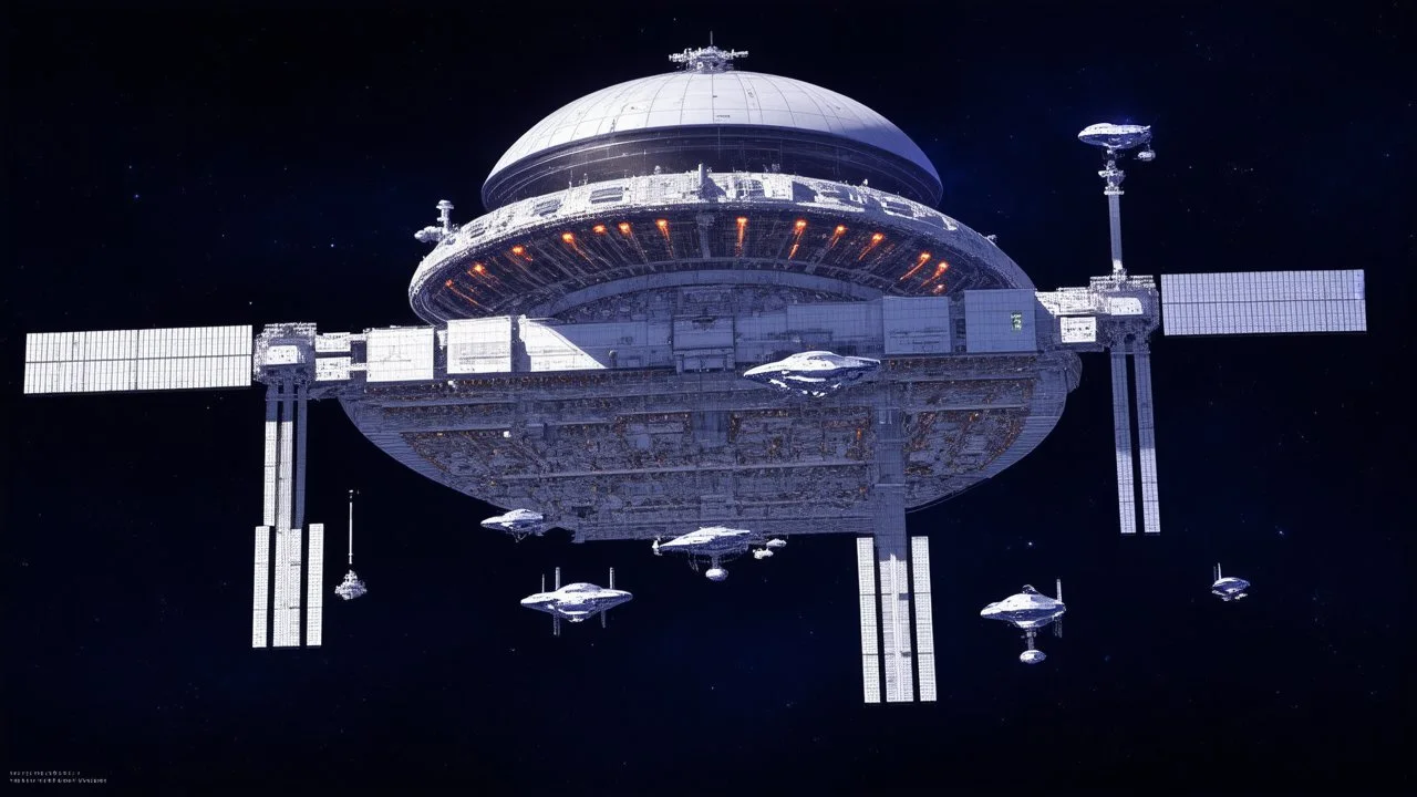 A detailed, wide-angle illustration depicts a sprawling, futuristic space station complex bathed in the deep blues and purples of outer space. The central structure is a massive, multi-tiered hub with a bulbous, domed top featuring large, illuminated windows. Extending from this hub are numerous interconnected platforms, docking bays, and smaller satellite structures, all rendered in sleek, metallic whites and grays with accents of red and orange lighting. Several smaller spacecraft, resembling