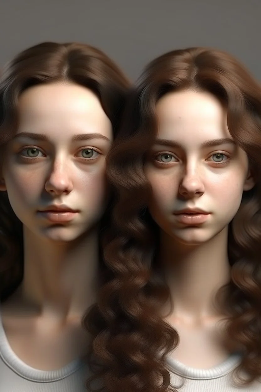 Adult Twin sisters with brunette hair. Hyper realistic.