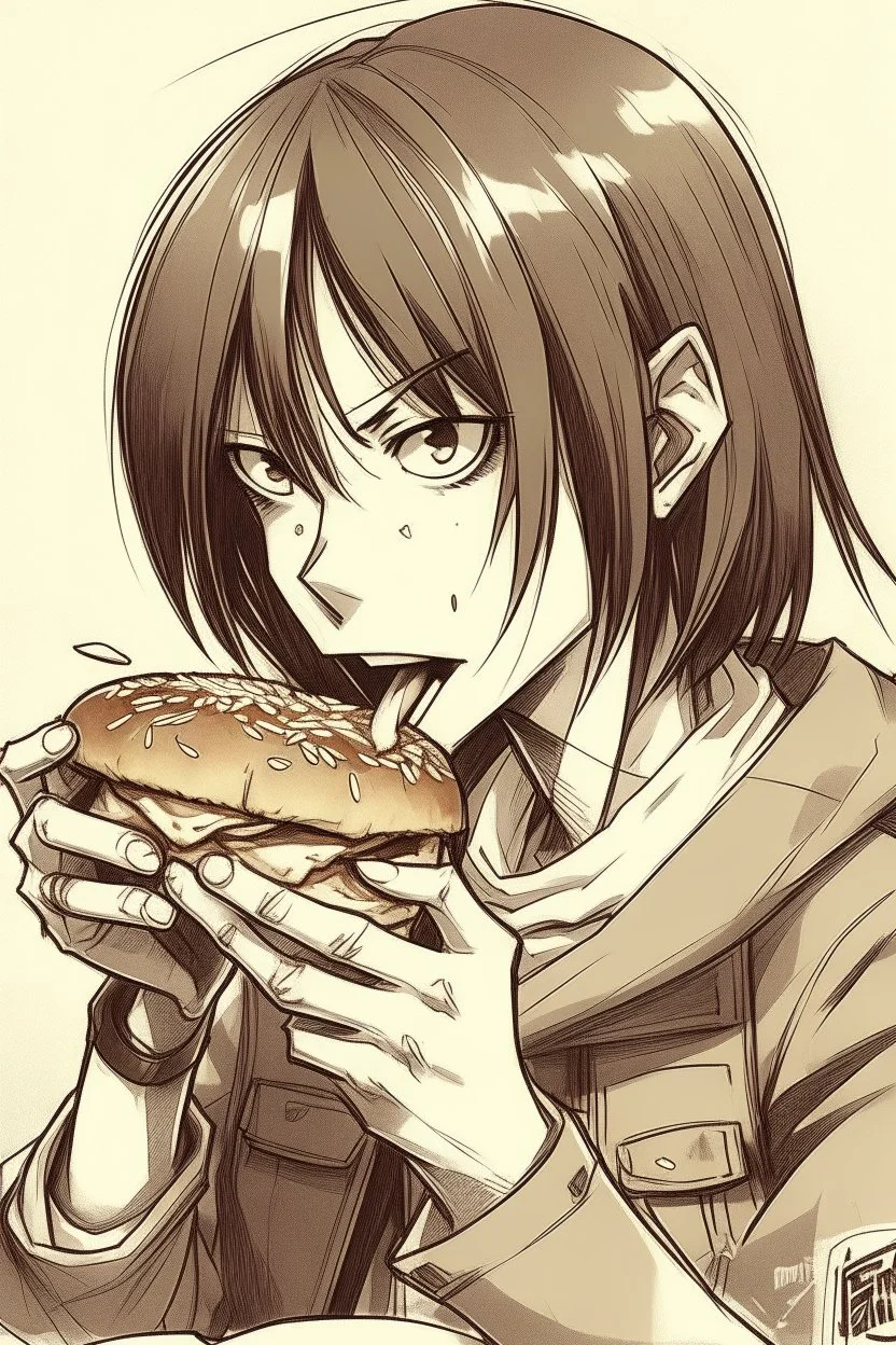 Sketch of Mikasa from attack on titan eating a burger.