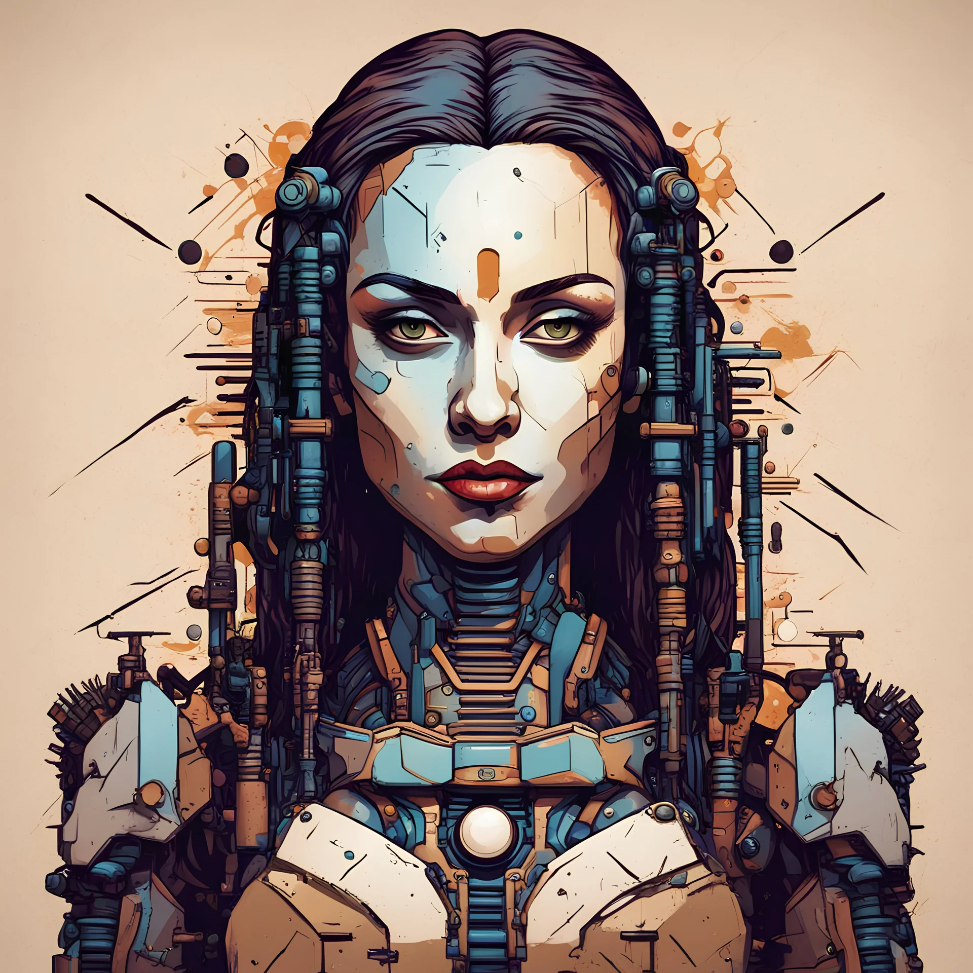 Cyborg Monalisa Quickdraw Maven in Vector spiked art style colorido cuadro con marco de madera