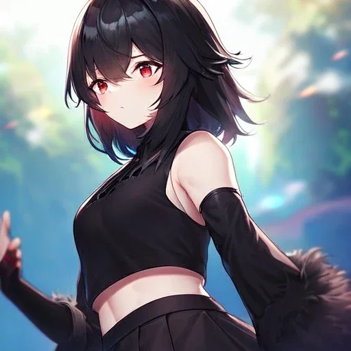 Clear focus,High resolution, black short fluffy hair, long fluffy bangs, and red eyes, Depressed girl, wearing a short black skirt and a crop top that is sleeveless and a cutsleeve and has black short fingerless gloves, tight, Extreme Close up