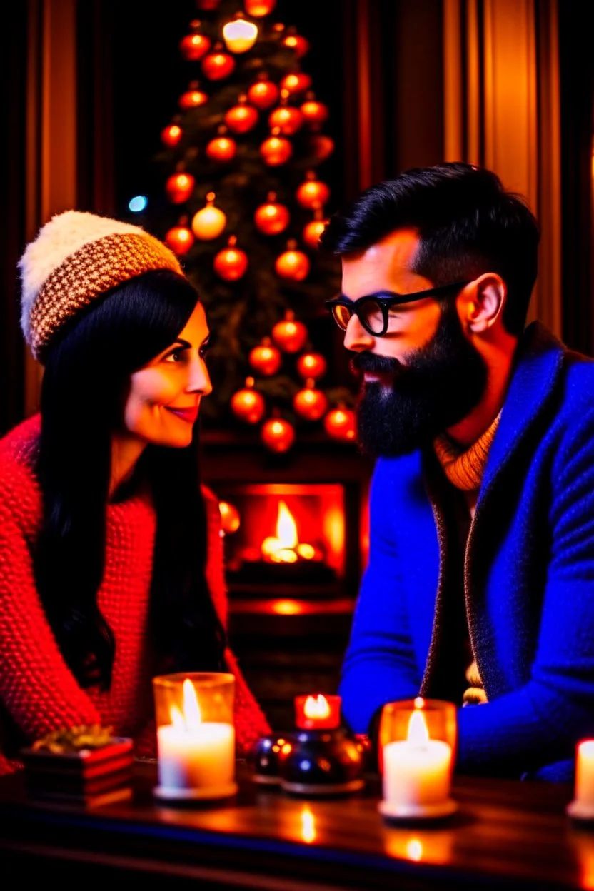 Fire place Christmas scene, dark haired couple, man with short black beard and glasses, blue eyes, young couple, graphic