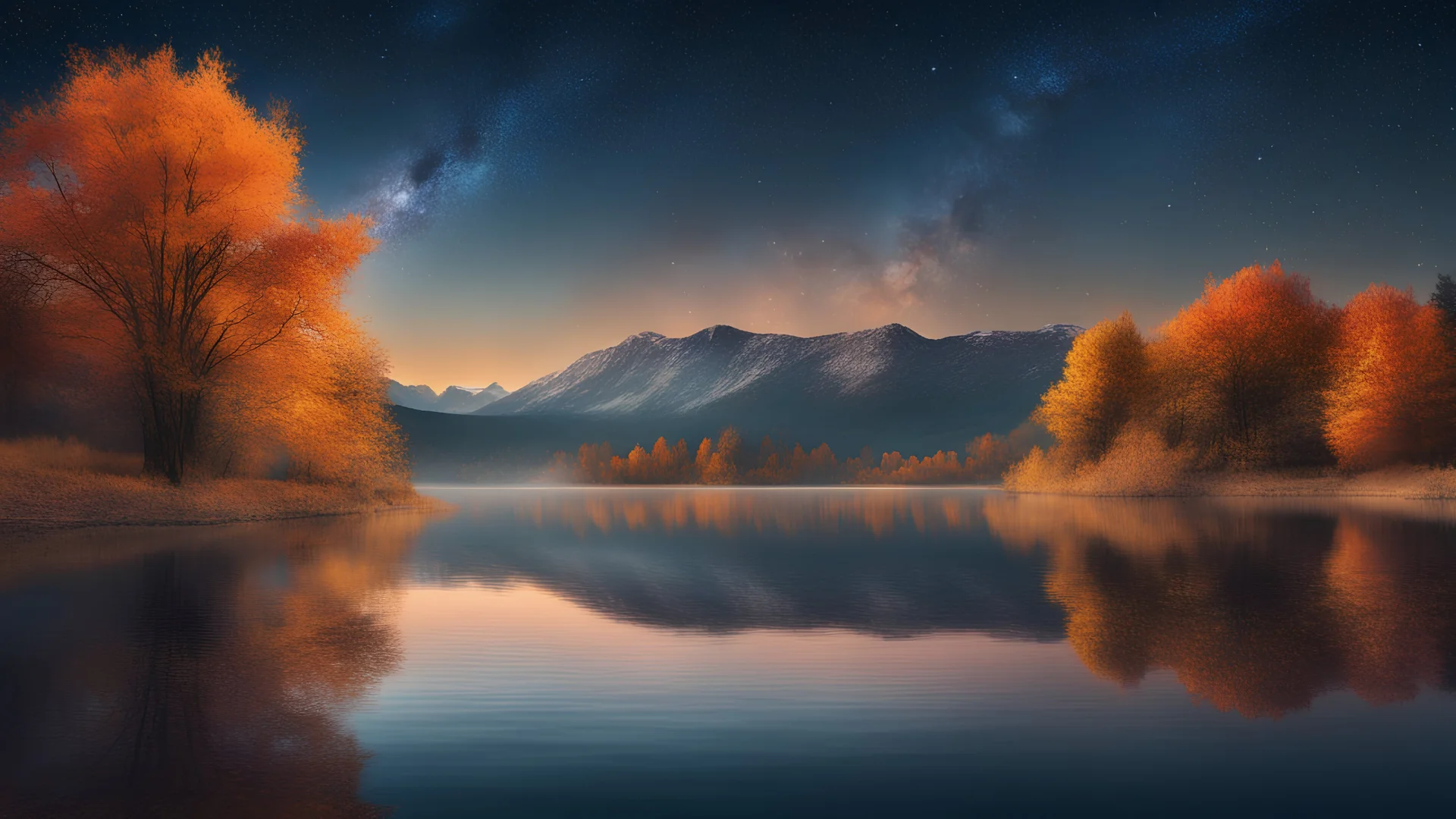 autumn scenery illustration, detailed lake, Nikon z8 camera, Nikon 70-200mm f/1.8 long exposure lens dynamic, starry sky, ultra hd, realistic, vivid colors, highly detailed, UHD design, "Reflective photography"