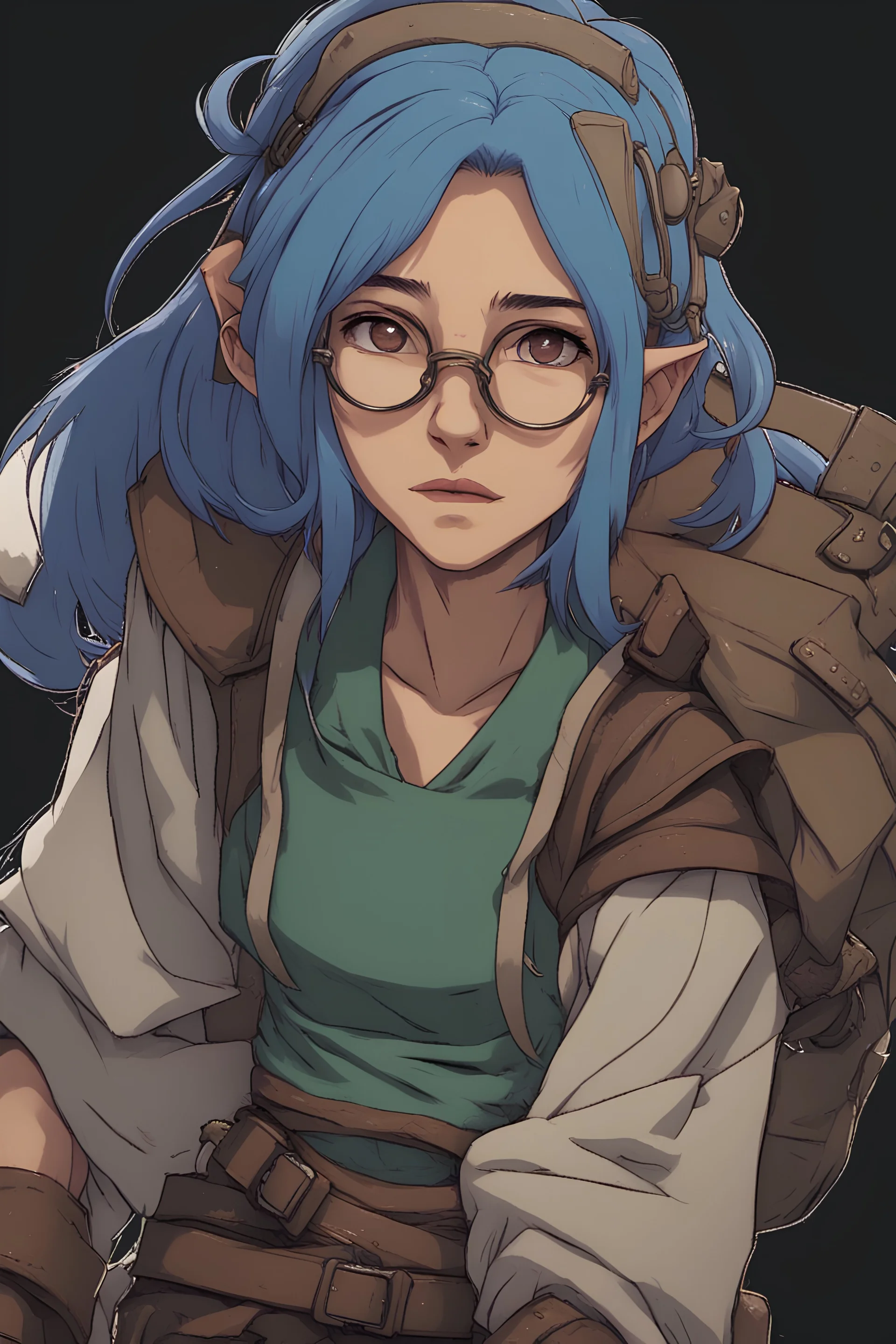 A Filipino-Japanese female with down-turned eyes, shaggy chest-length blue hair, bangs, and oval glasses as a Dungeons and Dragons Bard. They resemble, “Hange Zoe” from the series, “Attack in Titan” with a manic, crazed look in their eyes. Standing next to "Enver Gortash" from "Baldur's Gate 3"