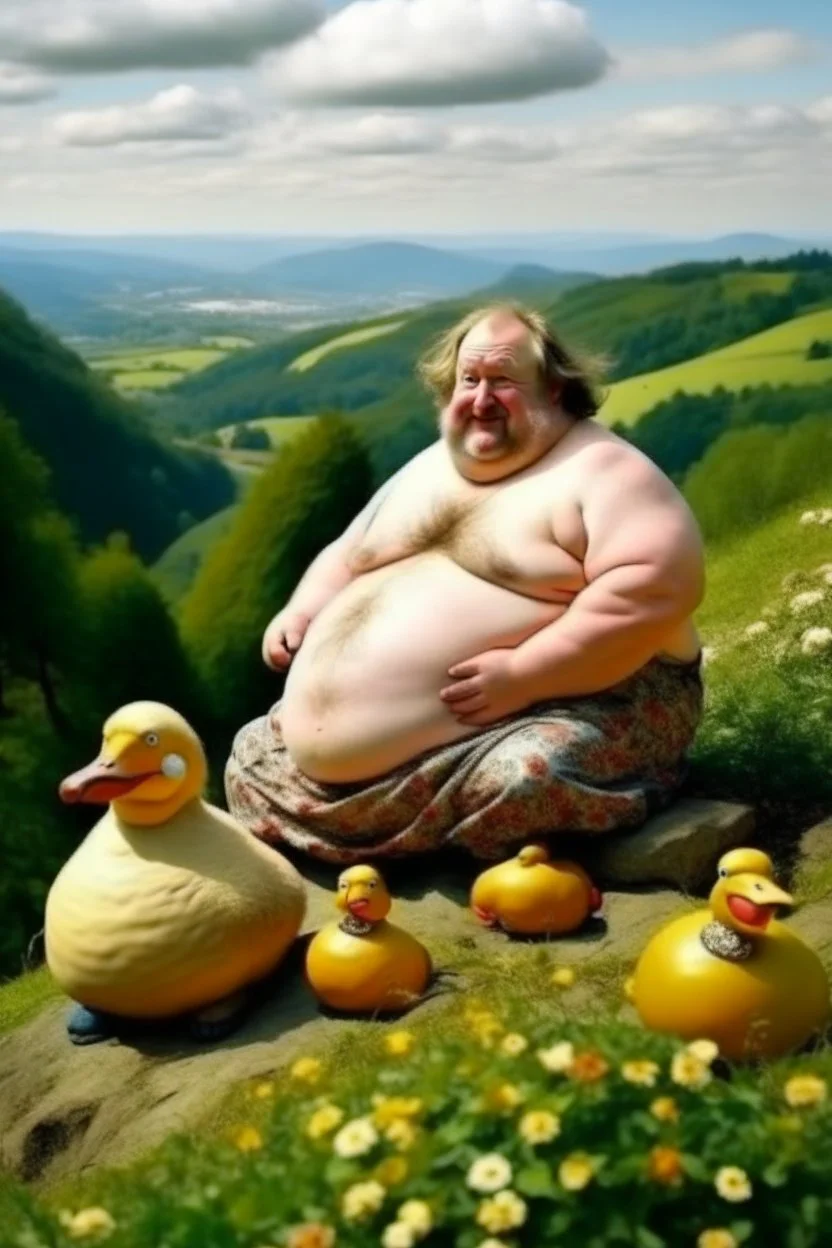 portrait by a hairy naked fat man he is near the duck dolls sitting on the hill in summer. like oil painting