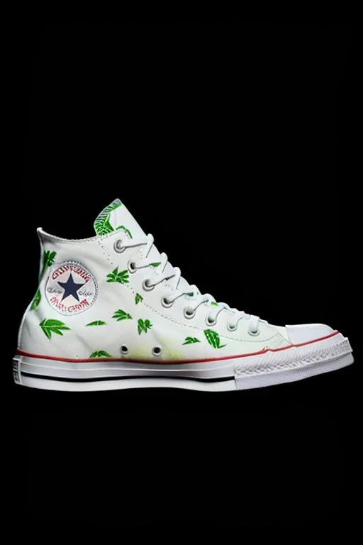 A red converse sneaker with weed leaves printed on the material, green, yellow and red colors