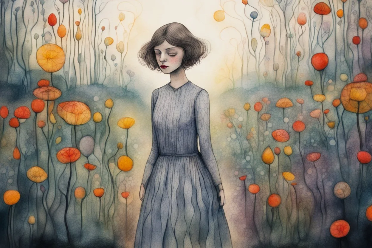 woman in the flowergarden, styles of Paul Klee Dee Nickerson and Tim Burton, melting watercolor and black ink outlines on wet paper, soft, shading strokes, in sunshine, ethereal, otherwordly, cinematic postprocessing, bokeh, dof