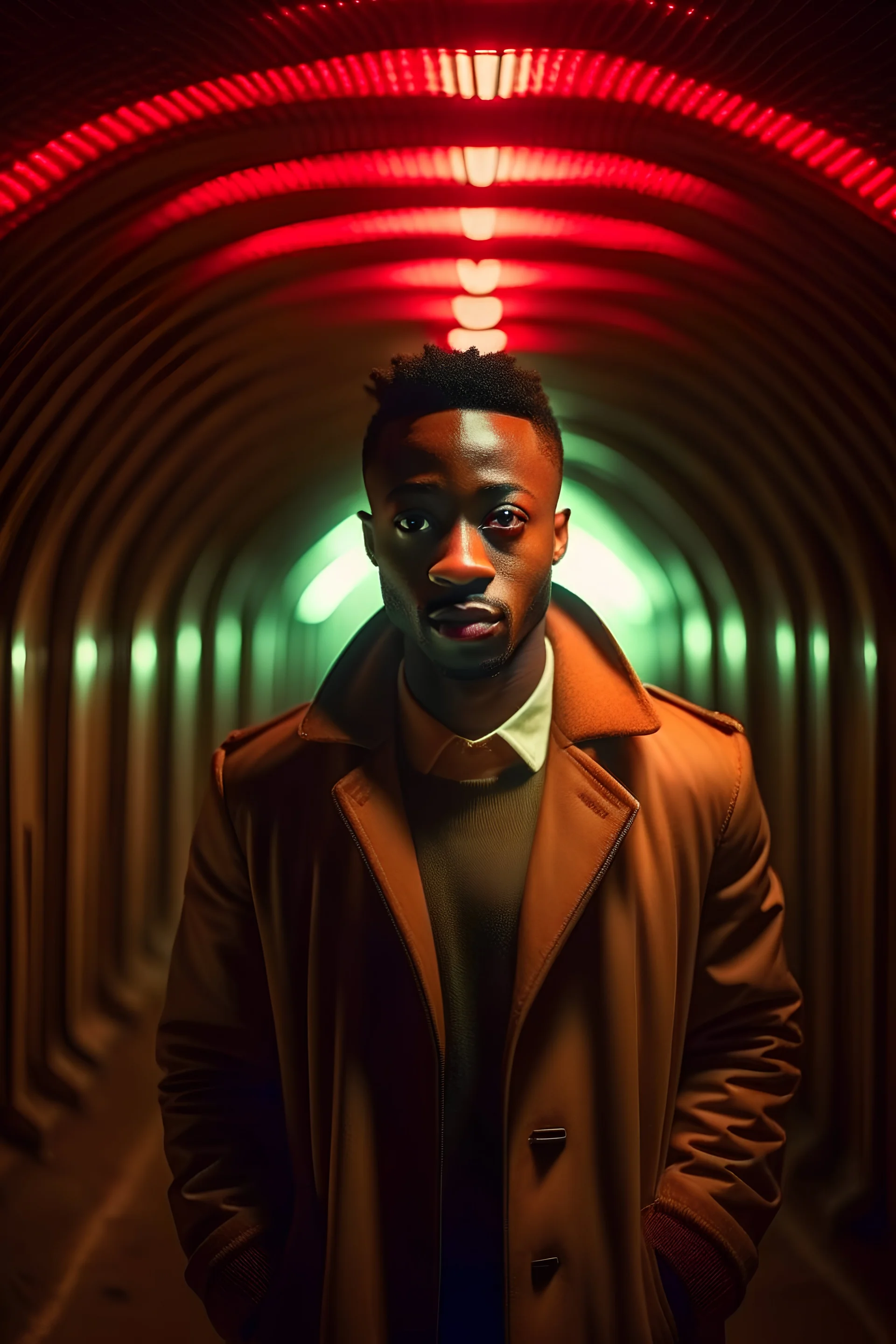 a man in a jacket standing in a tunnel, in the style of portraits with soft lighting, harlem renaissance, jagged edges, uhd image, drugcore, portraitist extraordinaire