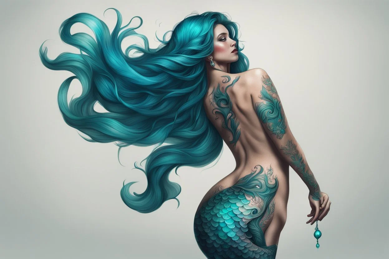 old mermaid, shimmering turquoise tail, tattoo, high resolution, Artstation trends, fine details, 8K