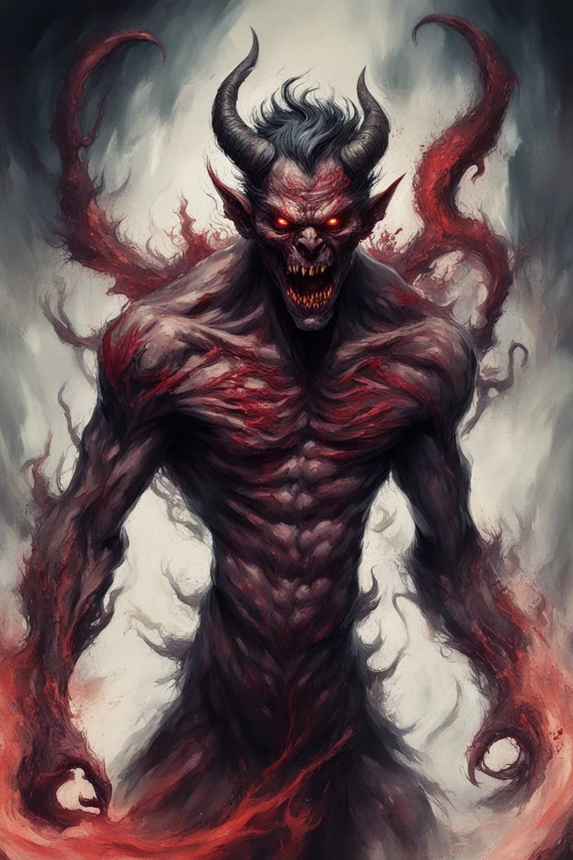 A piece of concept art depicting a male horrific demon with realistic, intricate details. The artwork should contain chaotic brush strokes reminiscent of the style commonly seen in late 20th-century concept art. Focus on a dynamic, flowing composition with high contrast and a primarily color scheme, to evoke a sense of movement and drama.