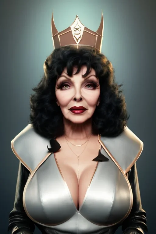 Joan Collins as evil queen in black leather, leather, busty, cleavage, angry, stern look. character design by cory loftis, fenghua zhong, ryohei hase, ismail inceoglu and ruan jia. unreal engine 5, artistic lighting, highly detailed, photorealistic, fantasy