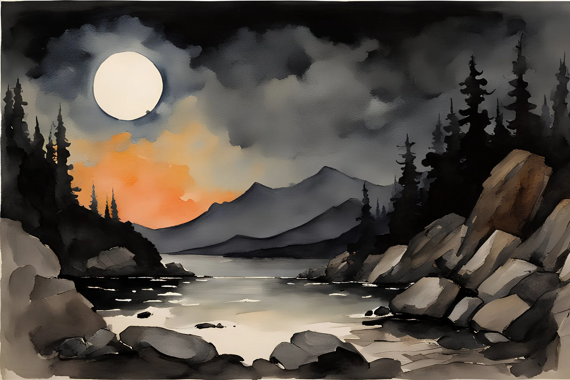 Night, mountains, rocks, gothic horror films influence, fantasy, winslow homer watercolor paintings