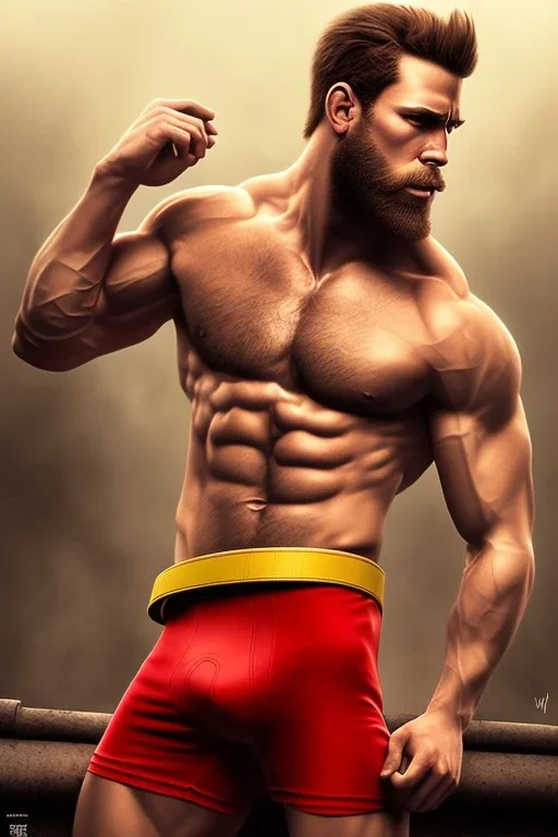 Ignore NSFW, teenager young rugged attractive slightly muscular fantastic handsome man, red briefs with yellow belt, hairy chest, (((visibly pisssing))) briefs, large erect visible boner peniss, photorealistic, artist Jay Anacleto, soft lighting, scruffy beard