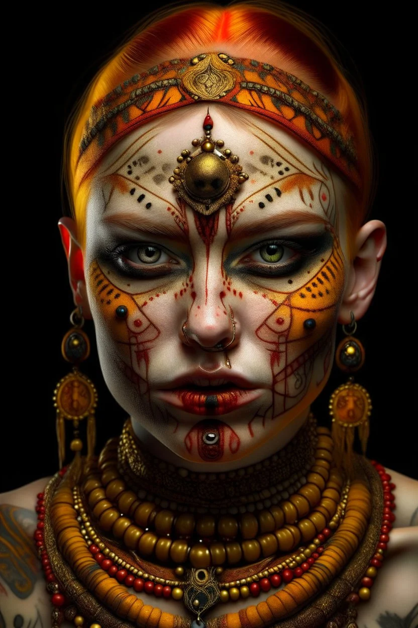 realistic portrait of harley quinn Hyperrealism, Ethereal portrait of a mystical being with tribal features, vibrant orange eyes, reptilian pupils, intricate scale-like patterns around the eyes, pale skin adorned with freckles, tribal tattoo on the nose bridge. Adorned in a weathered yellow tribal mask with dark markings, a central rivet, necklaces of gold, black, and red beads, a rustic red and dark green scarf with intricate designs, and small earrings. Serene expression, intense gaze, desatur