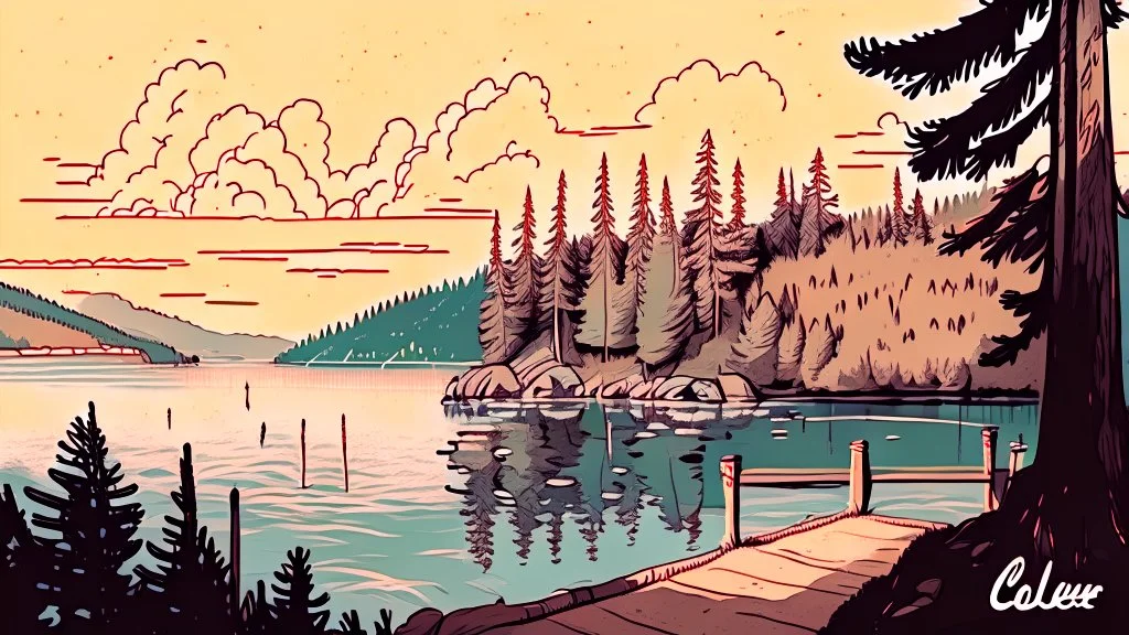 Couer D Alene lake drawn in a soft lofi art style