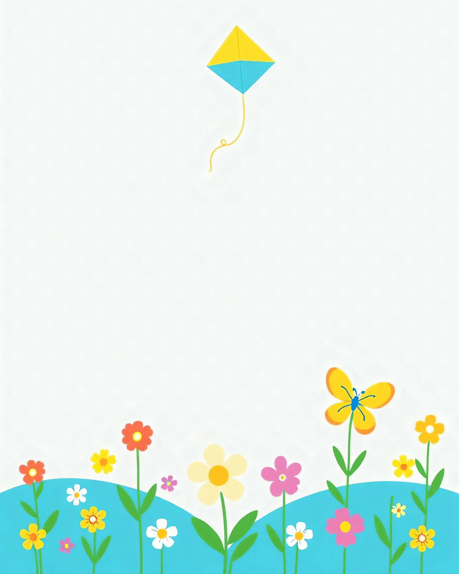 A design in blue, yellow, and green with some flowers and butterflies at the bottom of the image and a kite at the top of the image for a kindergarten.