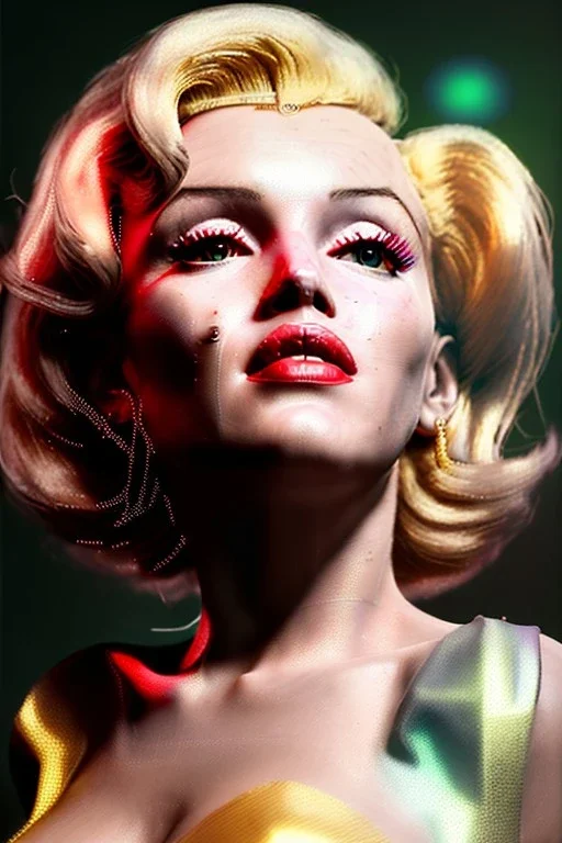 Ultra Realistic image, portrait, blonde woman, sweet Marylin Monroe face, perfect iris, glow eyes, gold makeup, wires attached to head. Cyberpunk style, latex coat, fog, rain, soft color, highly detailed, unreal engine 5, ray tracing, RTX, lumen lighting, ultra detail, volumetric lighting, 3d, finely drawn, high definition, high resolution.