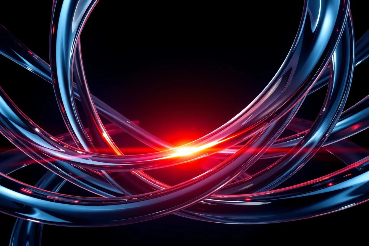 A mesmerizing abstract composition of interlocking glass and chrome ribbons swirling together. A fiery core of orange and red light pulses at the center, creating sharp highlights on the polished surfaces. The background transitions into deep navy shadows, emphasizing the high-contrast lighting. Fluid textures and a high-tech, futuristic mood.