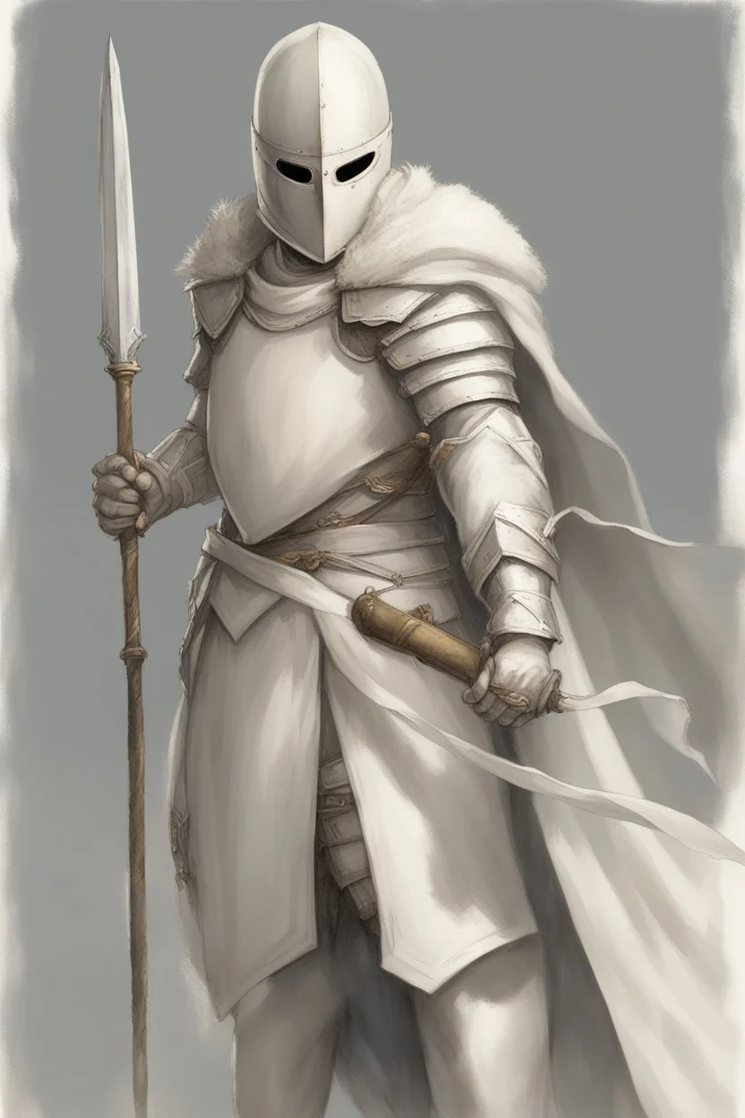 Knight wearing white half armor and white cape with white mask, holding a spear