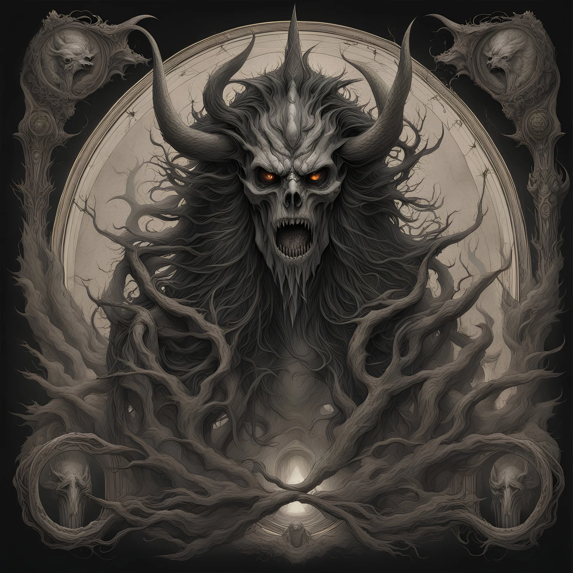 Generate a visually striking artwork that depicts 'Abaddon' as a formidable and malevolent entity drawing inspiration from dark mythology and biblical references. Incorporate elements of chaos, destruction, and a foreboding atmosphere, while highlighting Abaddon's menacing presence and otherworldly power.