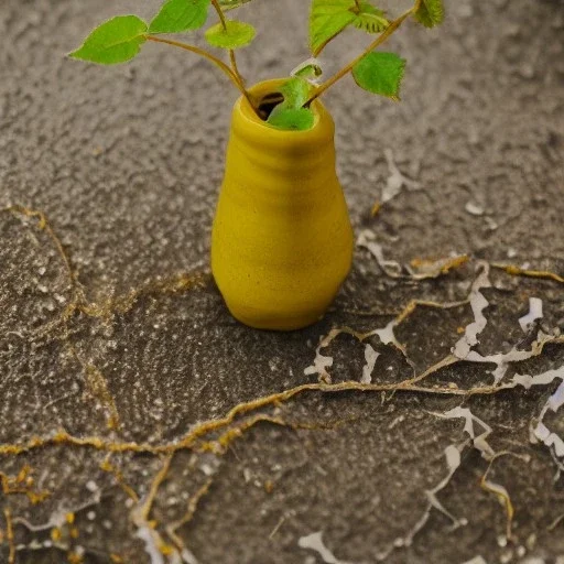 artistic photo of a tiny cracked ceramic vase repaired with gold, kintsugi, garden setting, beautiful landscape photography, beautiful, vines and leaves, delicate, cinematic, high detail, beautiful composition, delicate arrangement, aesthetic, soft lighting, award winning photography, tender