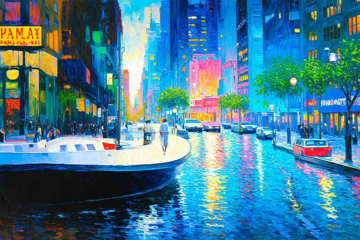 City, retrowave, realistic vision, and claude monet impressionism paintings