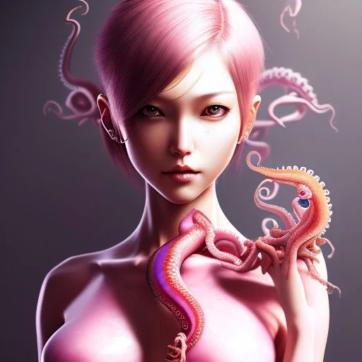 slobbe, Asian woman, leaning pose, octopus, pink short hair, latex suit, full body, squid, intricate detail , portrait, high lighting, Gradient background, style <Yoji Shinkawa>,