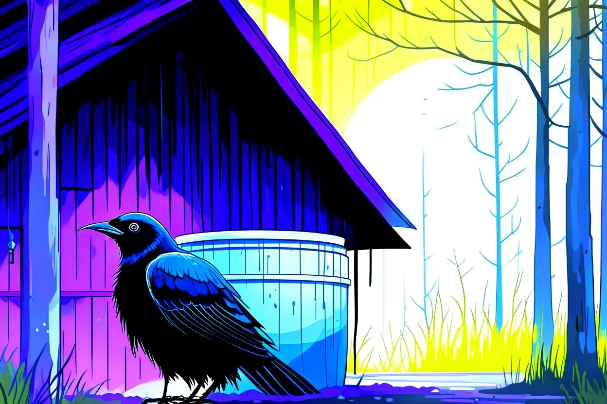 Generate an image of crow with eyes widened in surprise as he spots a shiny bucket near a cottage. Emphasize the contrast between the dry forest and the hint of water near the cottage.