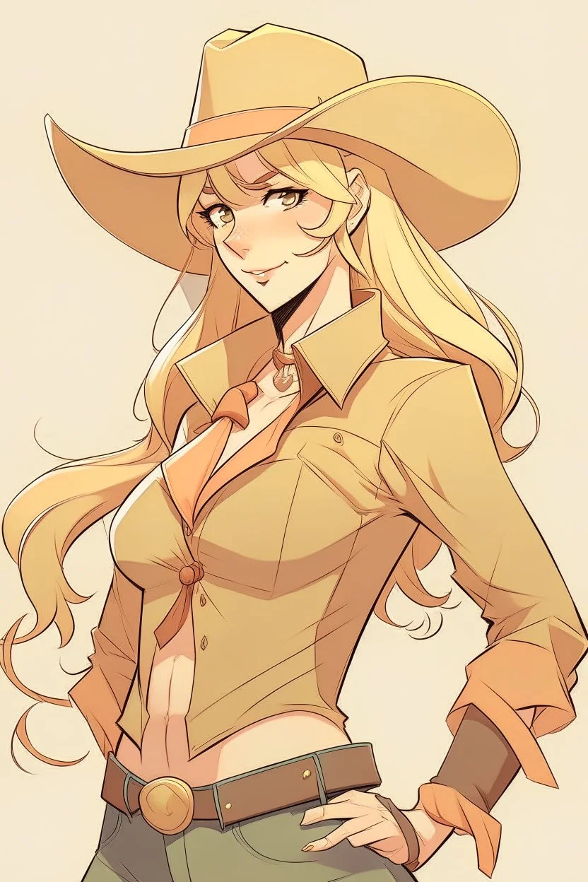 An anime style drawing of a buff cowgirl. she is blonde has sideburns. she is wearing chaps and a cowboy hat.