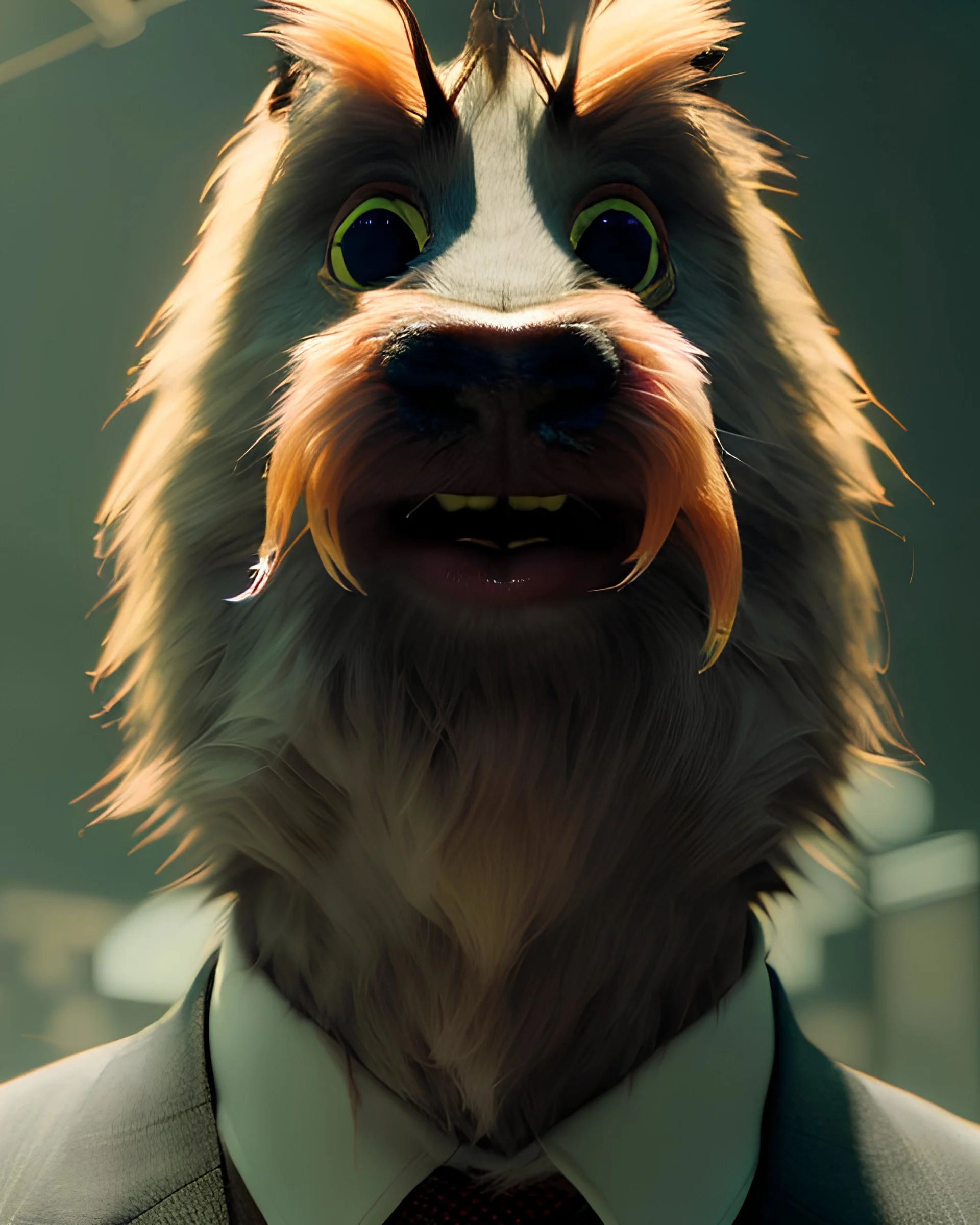 Realistic image, hybrid character, original muppet head, man body, human arms and hands, Shirt and tie, concept art, Wes Anderson style, smooth, unreal engine 5, god lights, ray tracing, RTX, lumen lighting, ultra detail, volumetric lighting, 3d, finely drawn, high definition, 4k.