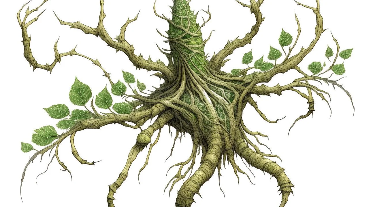 A remarkable, shape-shifting being with a fragile, exoskeleton-covered thorax. Foliage-like growth sprouts from its hair, its arms have transformed into branch-like limbs, and its once swift feet have become slow-moving roots. The organism's elaborate, crown-like appendage adorns its gradually evolving form.