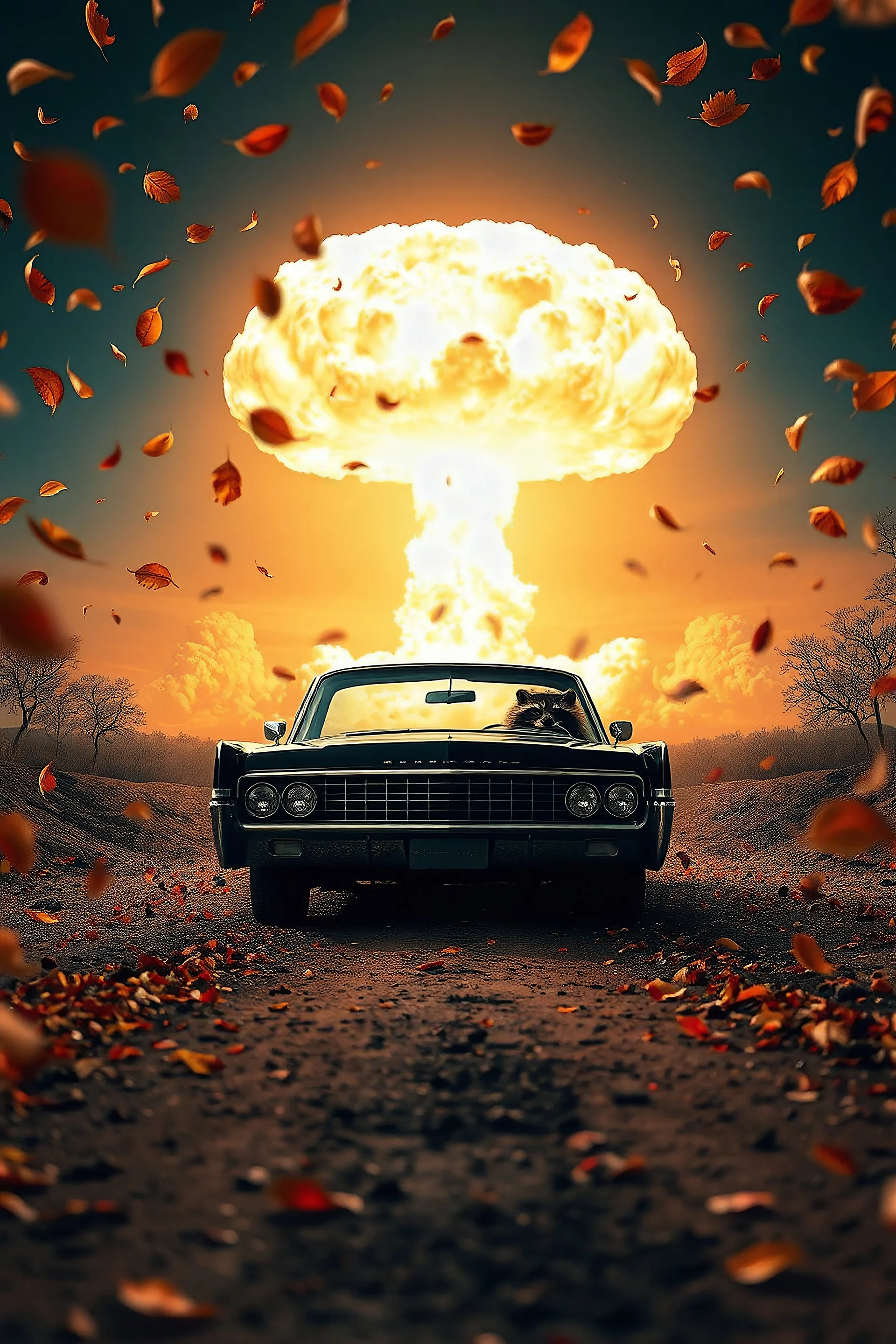 foreground with many falling leaves, behind is a nuclear explosion's mushroom cloud that looks more like a tree in fall, with explosion radiating outward, many leaves falling in foreground, ground is dirt and scorched with a road coming down the middle towards viewer, on the road facing towards below the viewer is a black 1962-63 Lincoln Continental with the roof down and a driving is a giant racoon, higher perspective, angelic fantastic lighting