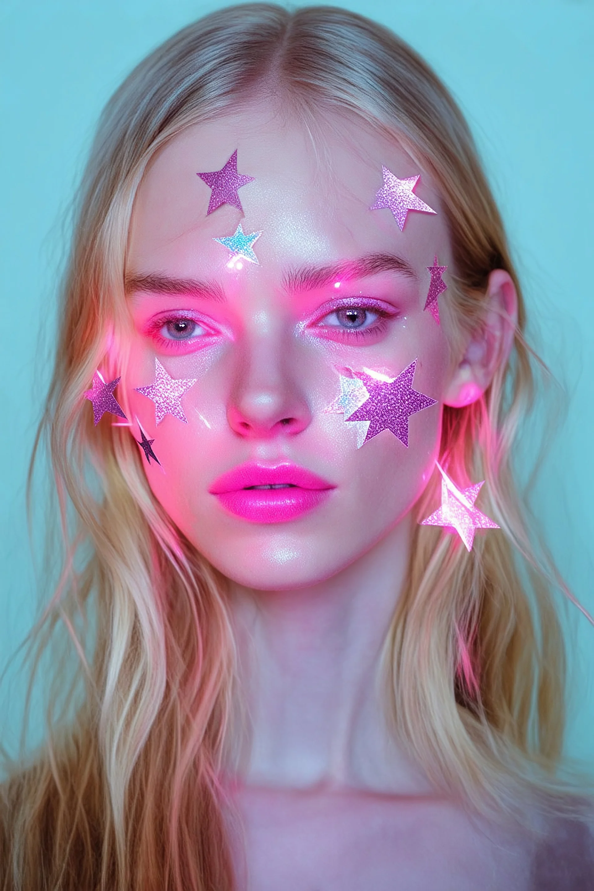 Elle fanning, gros plan sur son visage, elle a des etoiles en papier colléessur son visage, , lumière métallique rose,