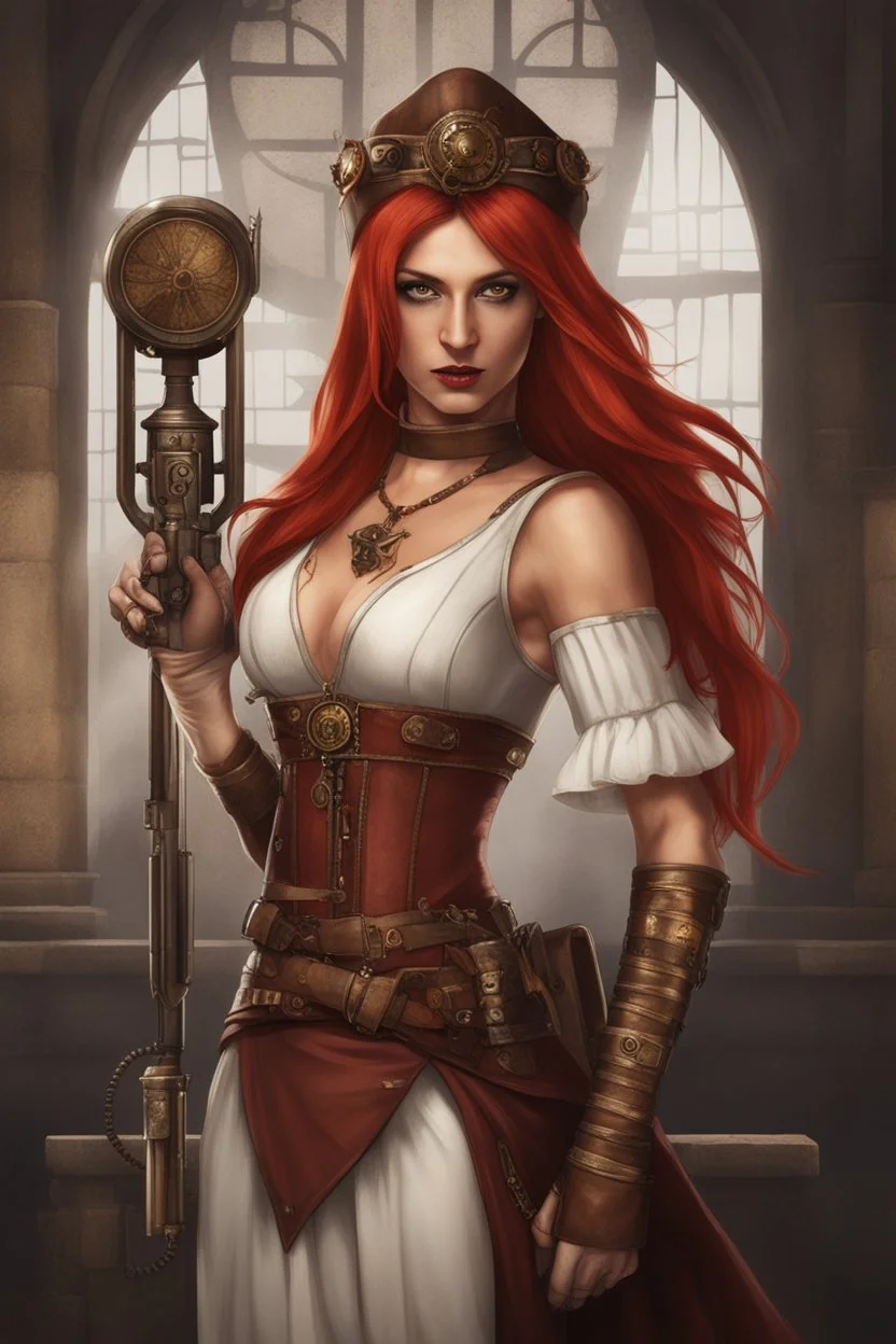 full body and headshot of a skinny Cleopatra, with long straight red hair, dressed as an assassin standing in a steampunk setting.