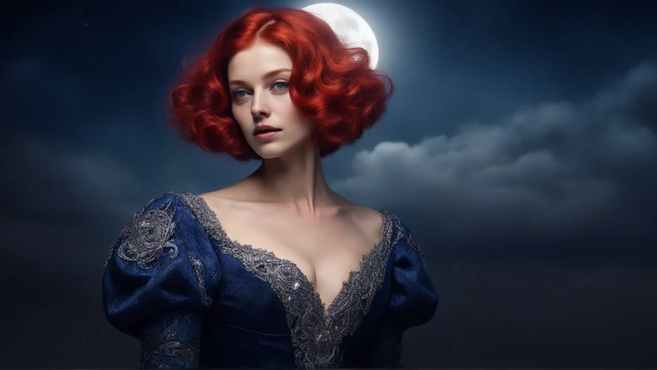 Её платье было не из парчи или шёлка, а из плотного, цвета ночного неба бархата, скрывавшего её швы и подчёркивавшего хрупкость стана. Её рыжие волосы, короткие и пышные, были увенчаны тонким серебряным обручем, словно диадемой из лунного света.
