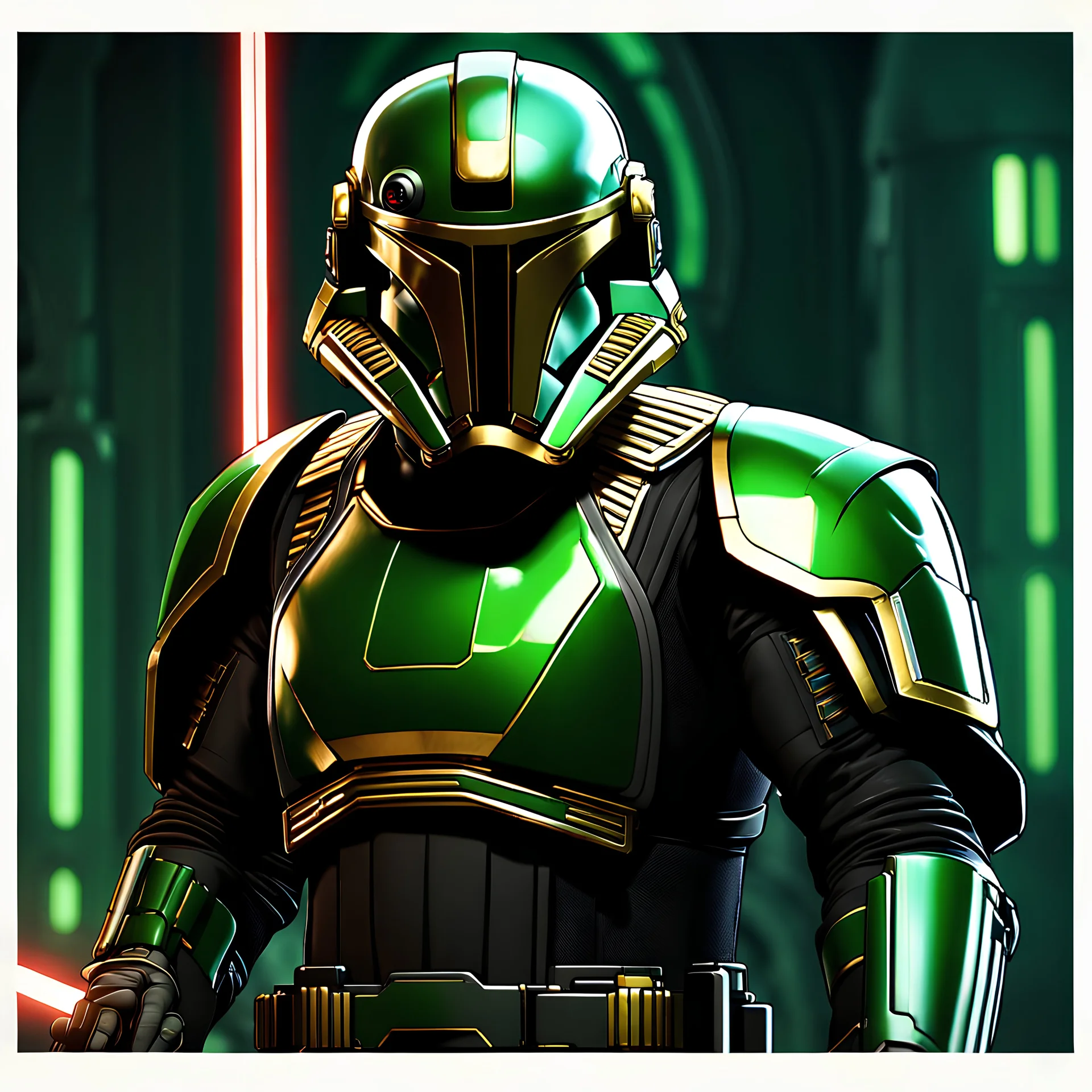 star wars bald male corellian jedi pilot wearing black and olive drab old republic armored flightsuit with gold trim inside the jedi temple holding a lightsaber with viridian green blade in left hand, centered head and shoulders portrait, hyperdetailed, dynamic lighting, hyperdetailed background, 8k resolution, volumetric lighting, light skin, fully symmetric details